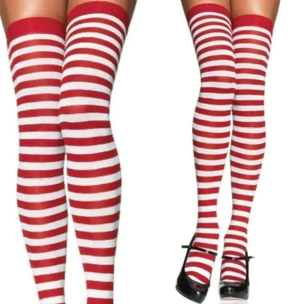 NWT Punk Goth Red White Stripe Thigh High Stockings OS Fits Most Candy Cane New